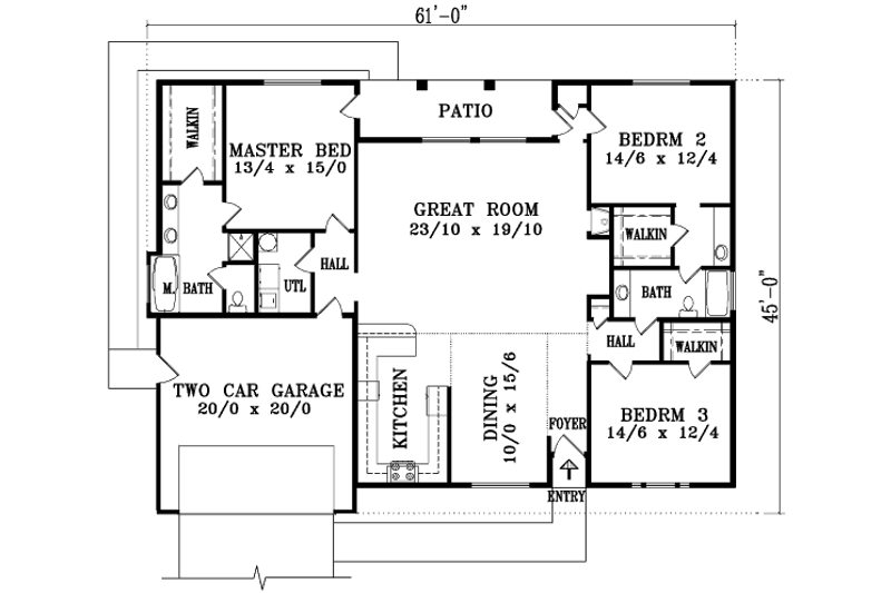 Home Plan - Floor Plan - Main Floor for Bungalow House Plan #1-1412 - 3 bed, 2 bath