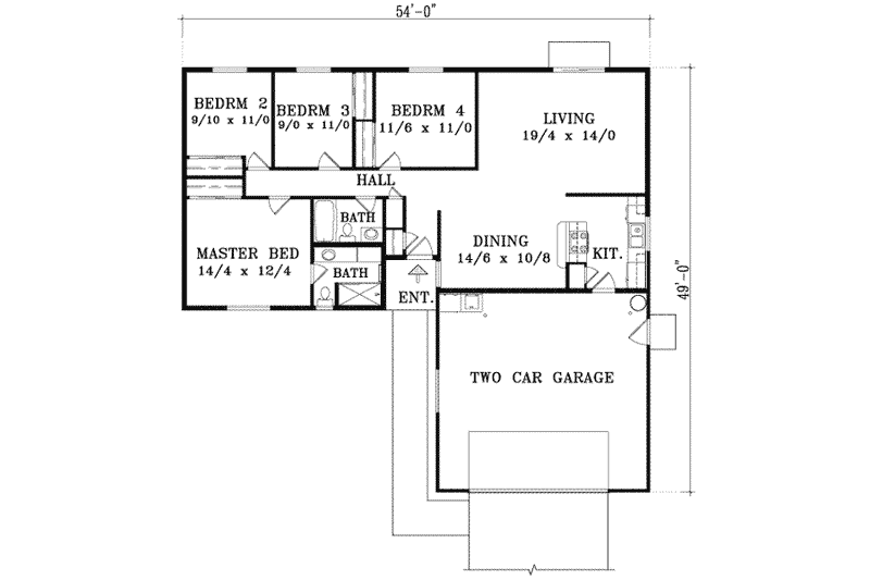 House Design - Floor Plan - Main Floor for Ranch House Plan #1-1253 - 4 bed, 2 bath