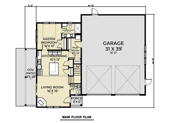 House Blueprint - Floor Plan - Main Floor for Barndominium House Plan #1070-270 - 1 bed, 1 bath