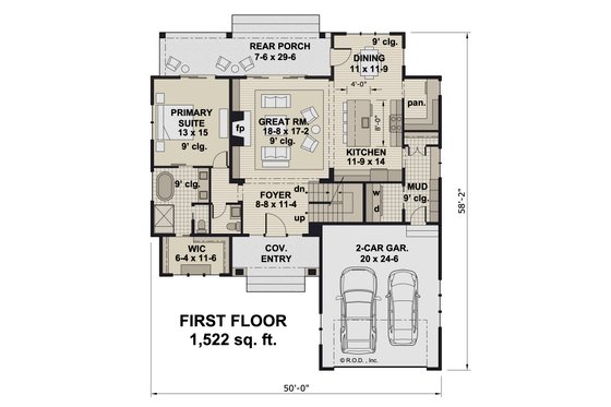 Floor Plan - Main Floor for Craftsman House Plan #51-1300 - 3 bed, 3.5 bath