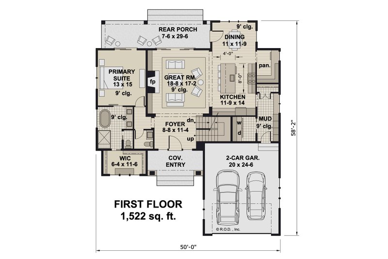Architectural House Design - Floor Plan - Main Floor for Craftsman House Plan #51-1300 - 3 bed, 3.5 bath