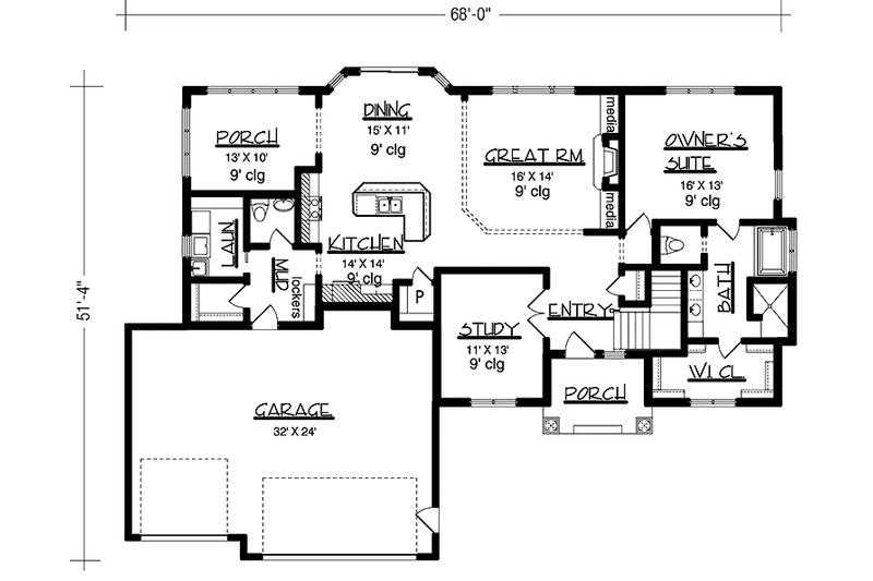 Home Plan - Floor Plan - Main Floor for Country House Plan #320-1038 - 1 bed, 1.5 bath
