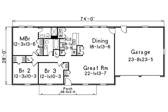 Floor Plan - Main Floor for Ranch House Plan #57-158 - 3 bed, 2 bath
