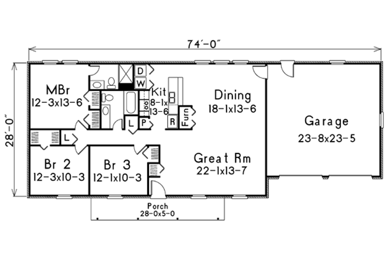 Architectural House Design - Floor Plan - Main Floor for Ranch House Plan #57-158 - 3 bed, 2 bath
