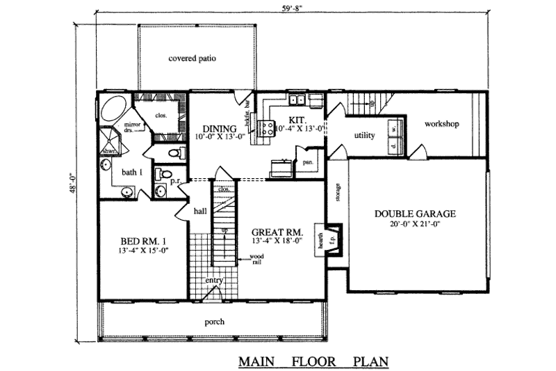 Architectural House Design - Floor Plan - Main Floor for Country House Plan #42-345 - 3 bed, 2.5 bath