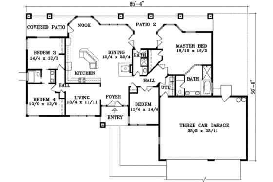 Floor Plan - Main Floor for Ranch House Plan #1-1444 - 4 bed, 3 bath