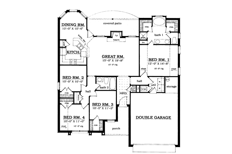 House Blueprint - Floor Plan - Main Floor for Ranch House Plan #42-577 - 4 bed, 2 bath