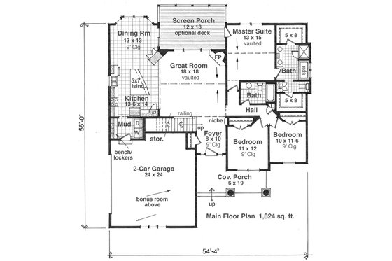 Floor Plan - Main Floor for Craftsman House Plan #51-516 - 3 bed, 2 bath