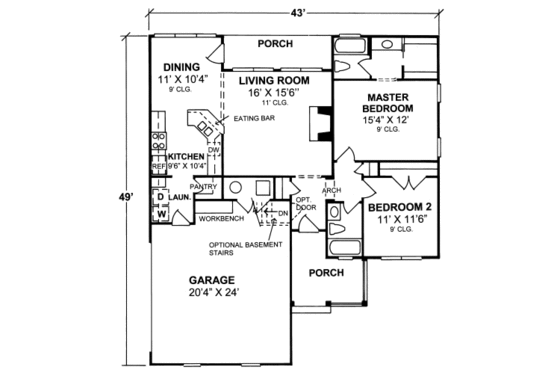 Floor Plan - Main Floor for Traditional House Plan #20-351 - 2 bed, 2 bath