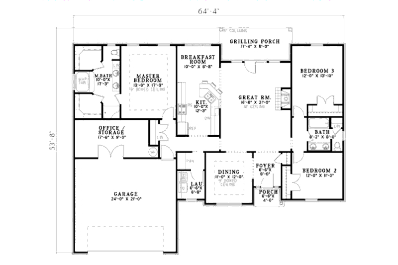 House Blueprint - Floor Plan - Main Floor for Southern House Plan #17-2339 - 3 bed, 2 bath