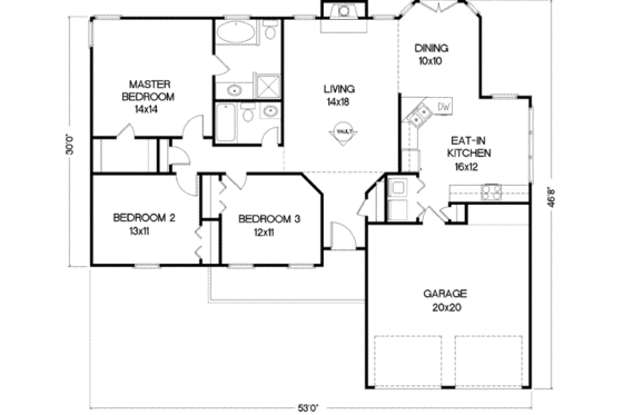 Floor Plan - Main Floor for Ranch House Plan #56-118 - 3 bed, 2 bath