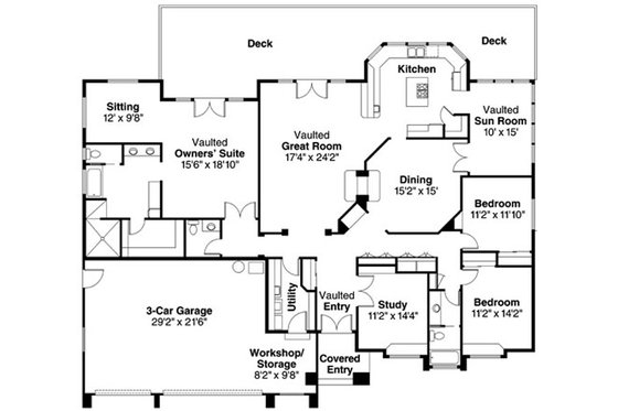 Floor Plan - Main Floor for Mediterranean House Plan #124-727 - 3 bed, 2 bath