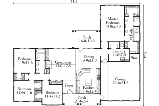 Floor Plan - Main Floor for Farmhouse House Plan #406-271 - 4 bed, 2 bath