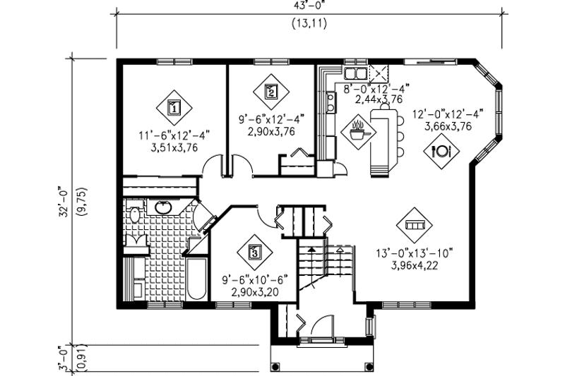 Dream House Plan - Floor Plan - Main Floor House Plan #25-1037 - 3 bed, 1 bath