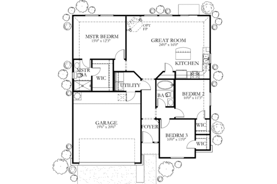 Floor Plan - Main Floor for Mediterranean House Plan #80-133 - 3 bed, 2 bath