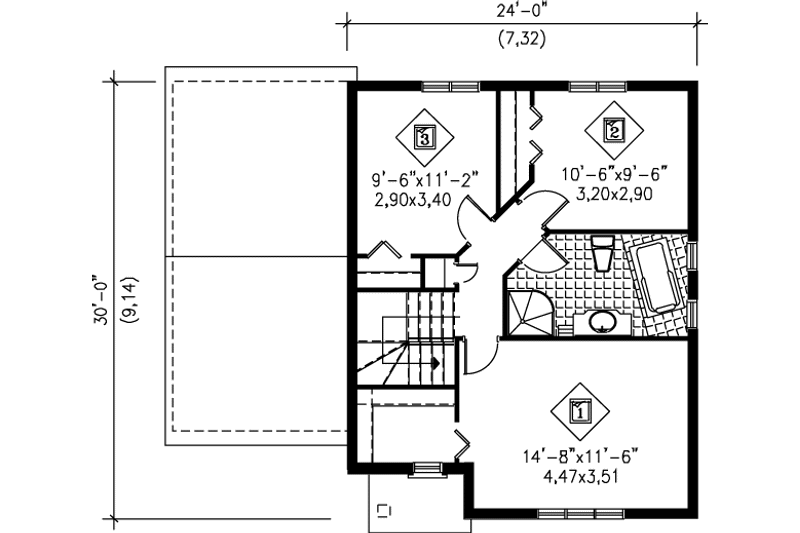 House Blueprint - Floor Plan - Upper Floor for European House Plan #25-296 - 3 bed, 1.5 bath