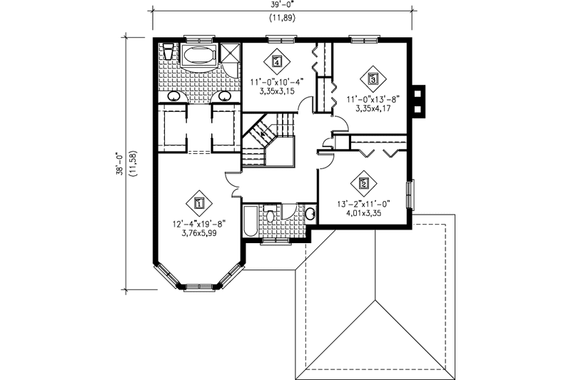 House Blueprint - Floor Plan - Upper Floor for European House Plan #25-2075 - 4 bed, 2.5 bath