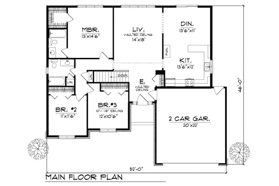 Floor Plan - Main Floor for Traditional House Plan #70-137 - 3 bed, 2 bath