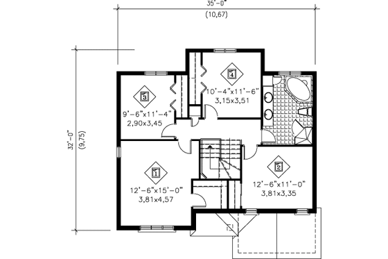 Floor Plan - Upper Floor for European House Plan #25-4154 - 4 bed, 1.5 bath