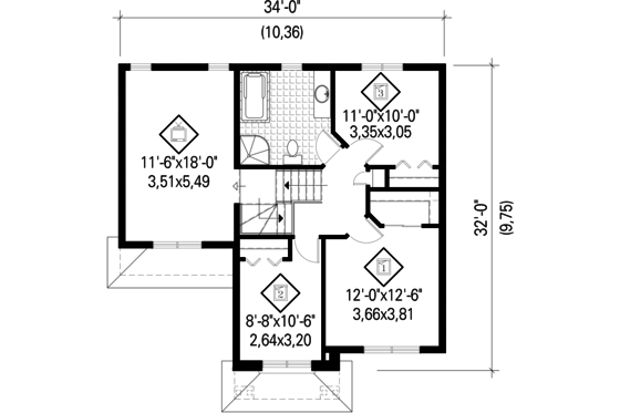 Floor Plan - Upper Floor for Traditional House Plan #25-4423 - 3 bed, 1 bath