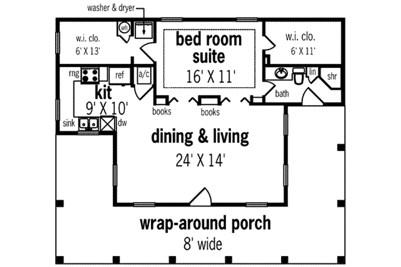 Architectural House Design - Floor Plan - Main Floor for Southern House Plan #45-253 - 1 bed, 1 bath