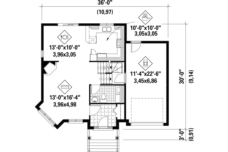 Home Plan - Floor Plan - Main Floor for European House Plan #25-4667 - 3 bed, 1 bath