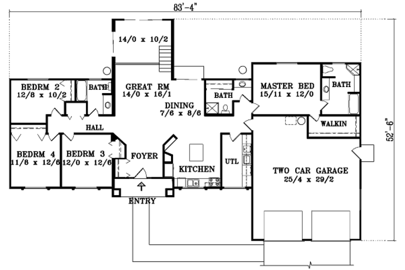 Home Plan - Floor Plan - Main Floor for Adobe / Southwestern House Plan #1-1414 - 4 bed, 3 bath