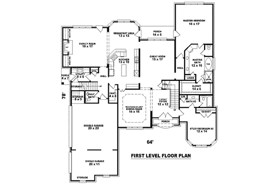 Floor Plan - Main Floor for Colonial House Plan #81-1619 - 4 bed, 4 bath