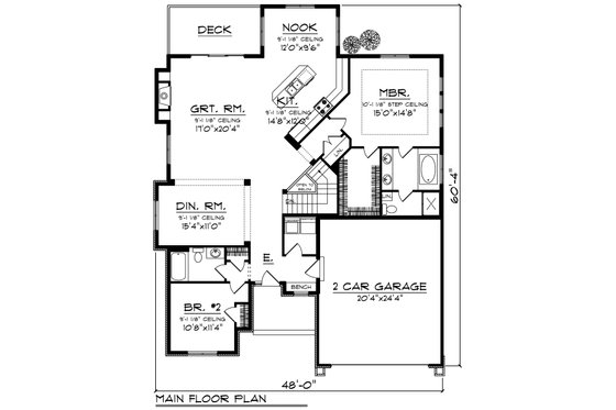 Floor Plan - Main Floor for Ranch House Plan #70-1212 - 2 bed, 2 bath