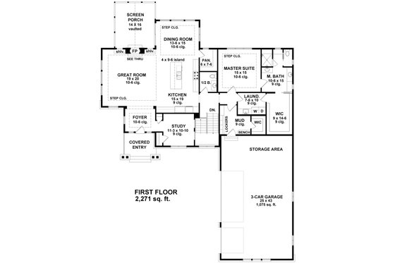 Floor Plan - Main Floor for Craftsman House Plan #51-563 - 4 bed, 4 bath