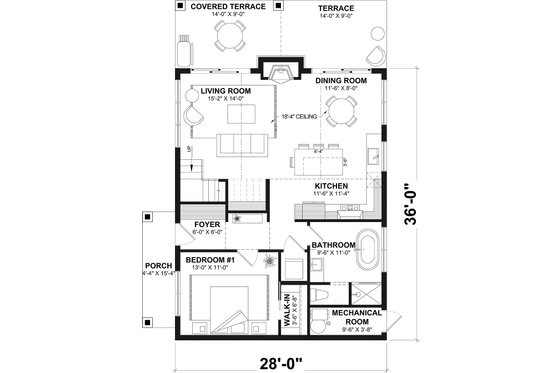 Floor Plan - Main Floor for Cottage House Plan #23-2905 - 2 bed, 1 bath