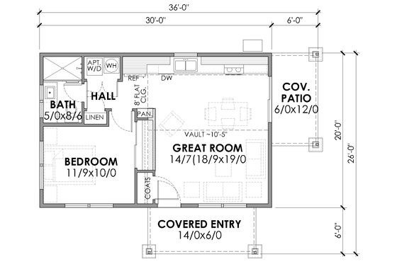 Floor Plan - Main Floor for Craftsman House Plan #1105-8 - 1 bed, 1 bath