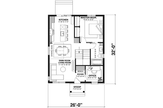 Floor Plan - Main Floor for Cottage House Plan #23-115 - 2 bed, 1 bath
