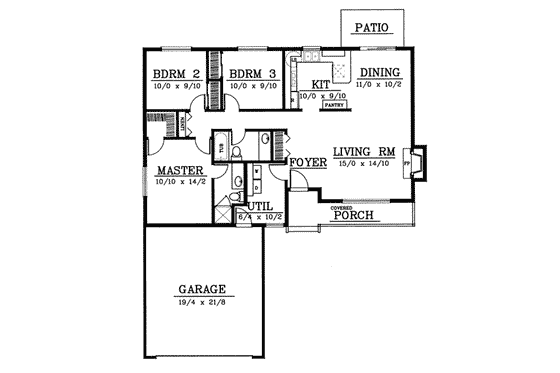 Floor Plan - Main Floor for Ranch House Plan #91-103 - 3 bed, 2 bath