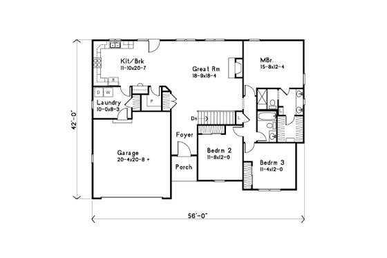Floor Plan - Main Floor for Ranch House Plan #22-624 - 3 bed, 2 bath