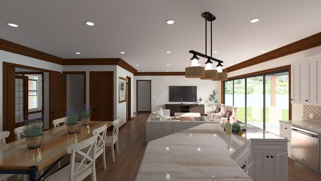 Living room and kitchen with large island and doors to the backyard