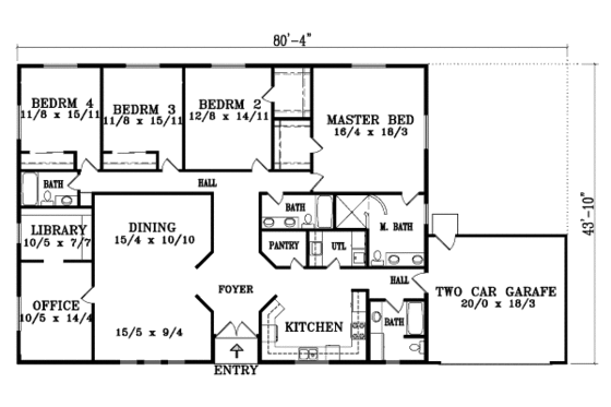 Floor Plan - Main Floor for Ranch House Plan #1-1483 - 4 bed, 3 bath