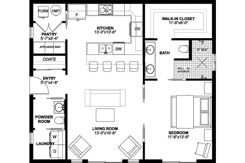 Home Plan - Floor Plan - Main Floor for Contemporary House Plan #126-177 - 1 bed, 1.5 bath