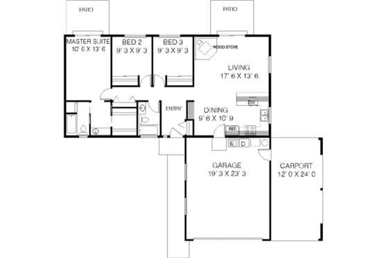 Floor Plan - Main Floor for Ranch House Plan #60-380 - 3 bed, 2 bath