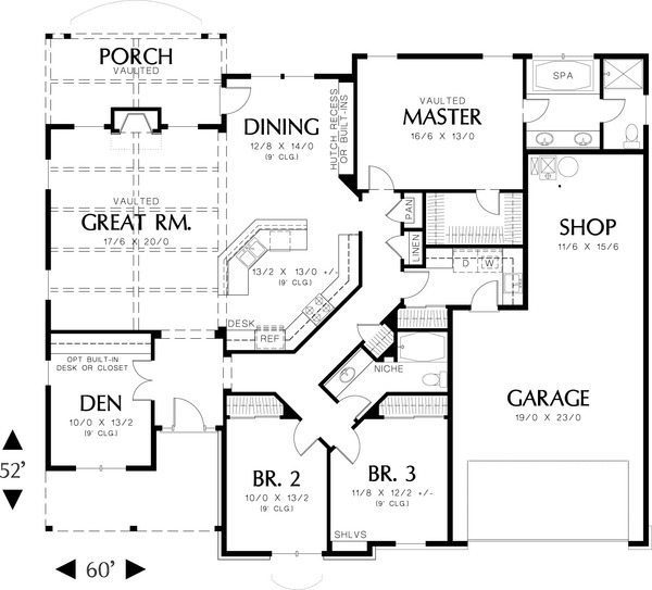 Main level floor plan  - 2000 square foot Craftsman home