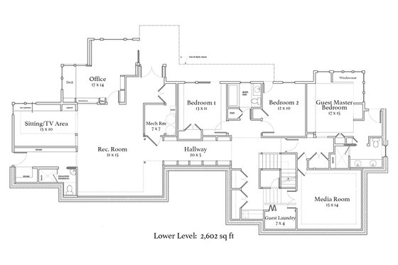 Floor Plan - Lower Floor for Craftsman House Plan #454-14 - 4 bed, 4.5 bath