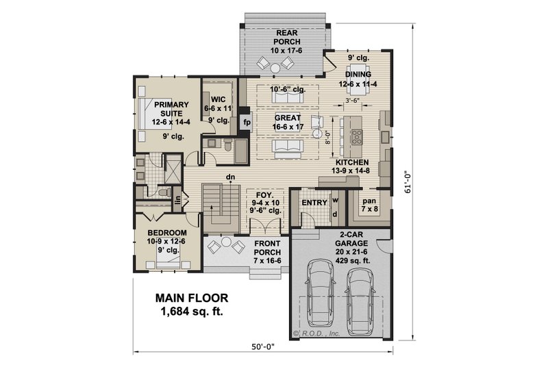 House Blueprint - Floor Plan - Main Floor for Farmhouse House Plan #51-1225 - 2 bed, 2 bath