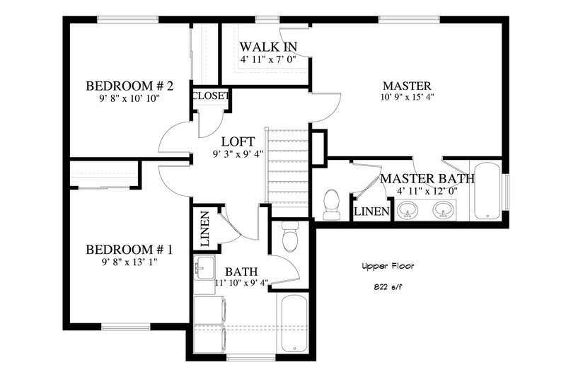 House Blueprint - Floor Plan - Upper Floor for Traditional House Plan #1060-4 - 3 bed, 2.5 bath