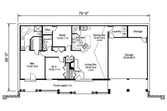 Floor Plan - Main Floor for Farmhouse House Plan #57-366 - 2 bed, 2 bath