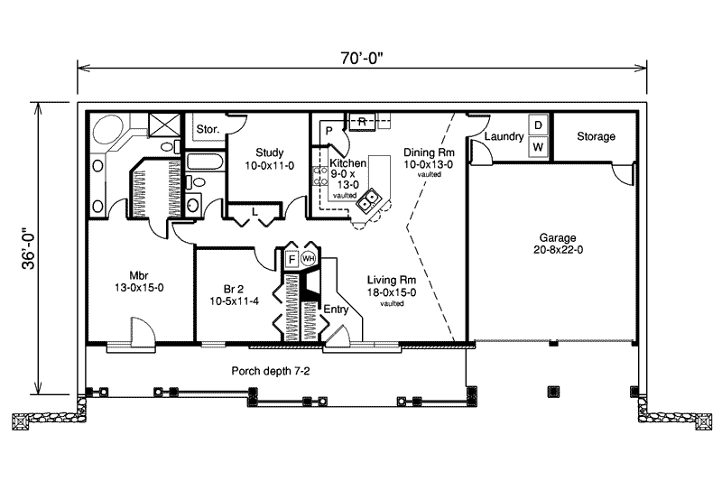 Dream House Plan - Floor Plan - Main Floor for Farmhouse House Plan #57-366 - 2 bed, 2 bath