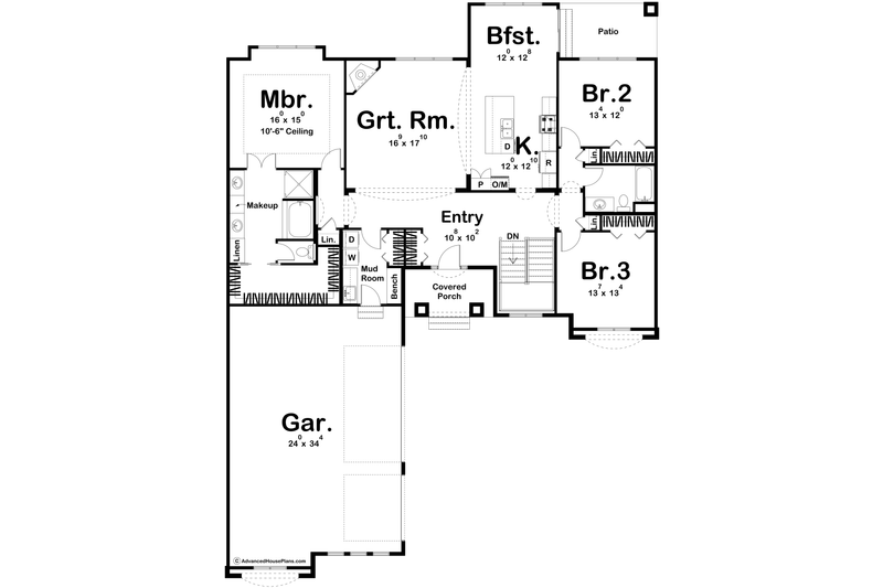 House Blueprint - Floor Plan - Main Floor for Mediterranean House Plan #455-114 - 3 bed, 2 bath