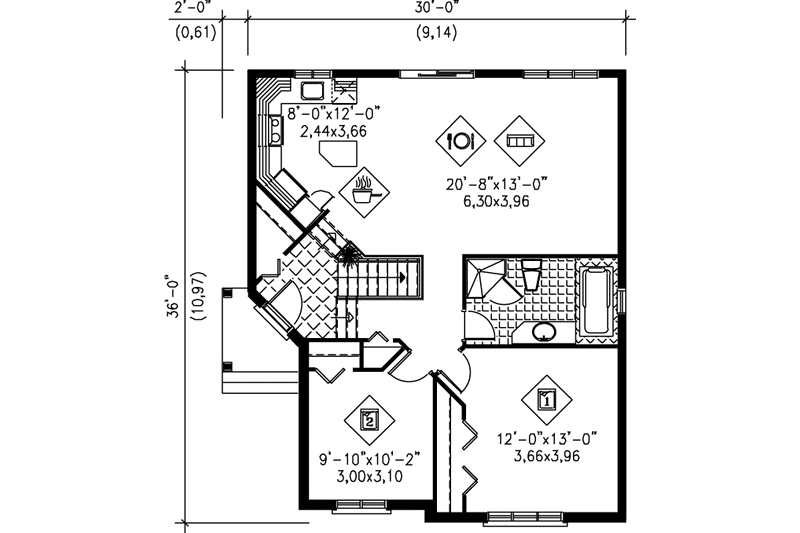 House Blueprint - Floor Plan - Main Floor for Traditional House Plan #25-144 - 2 bed, 1 bath