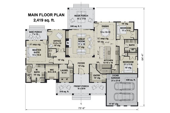 Floor Plan - Main Floor for Farmhouse House Plan #51-1170 - 3 bed, 2.5 bath