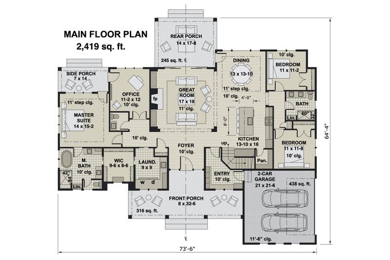 Dream House Plan - Floor Plan - Main Floor for Farmhouse House Plan #51-1170 - 3 bed, 2.5 bath