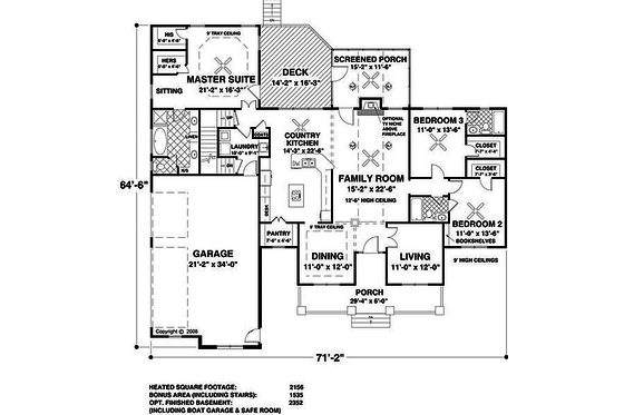 Southern style, country designed house plan, main level floor plan
